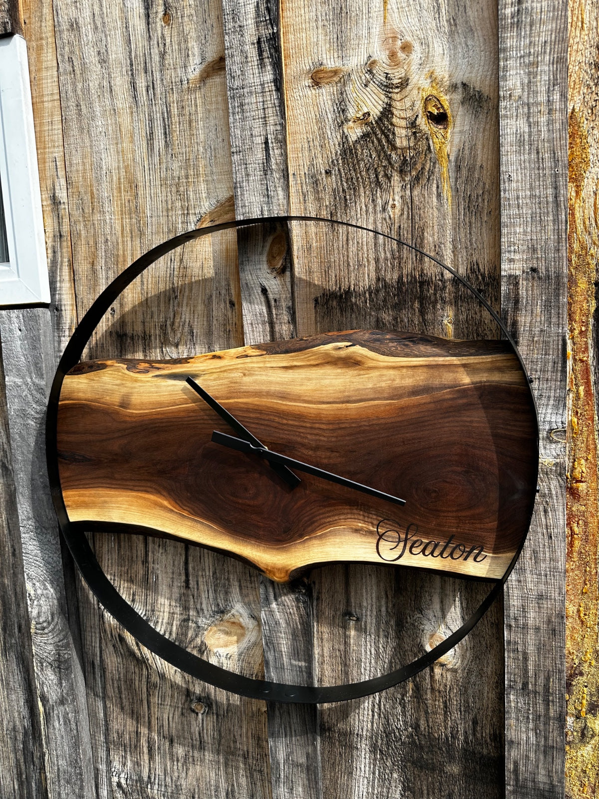 24” UP-CYCLED WHISKEY BARREL RING WITH LIVE EDGE WALNUT INSET CLOCK