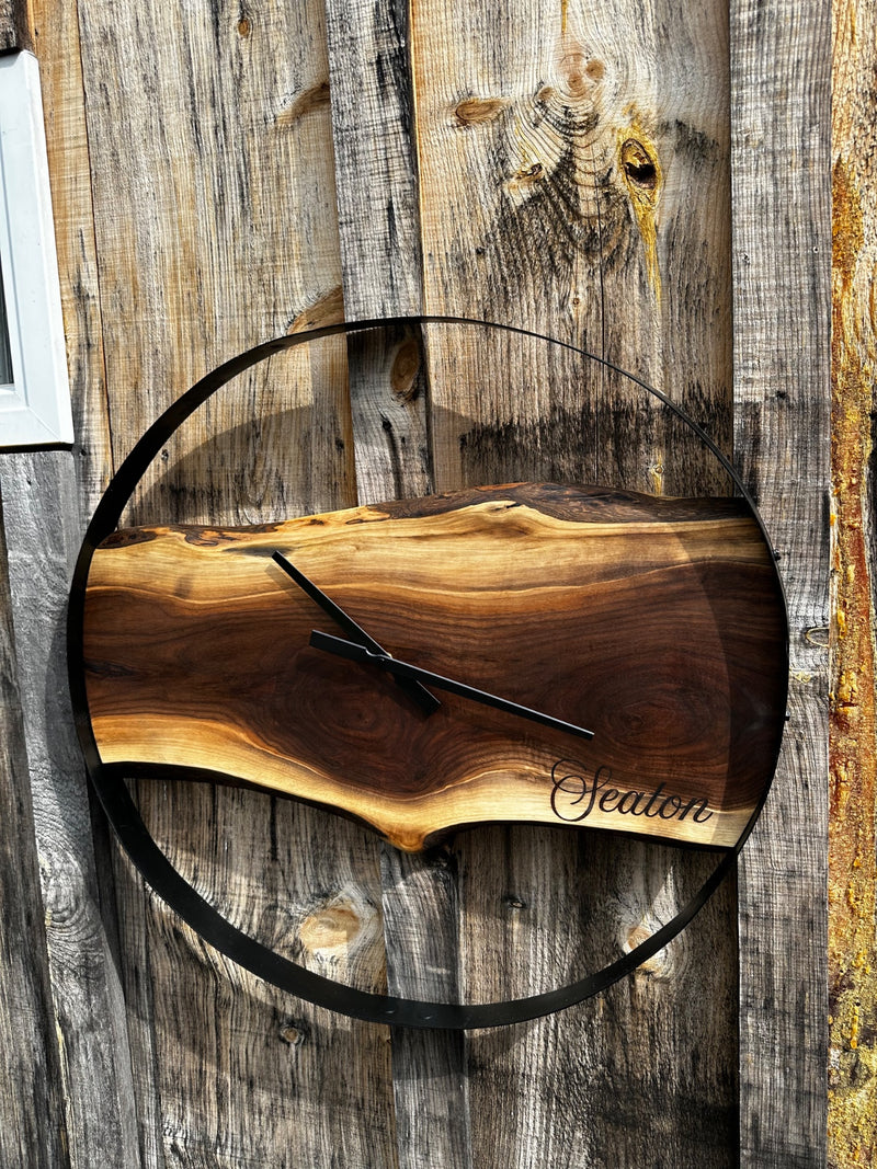 24” UP-CYCLED WHISKEY BARREL RING WITH LIVE EDGE WALNUT INSET CLOCK