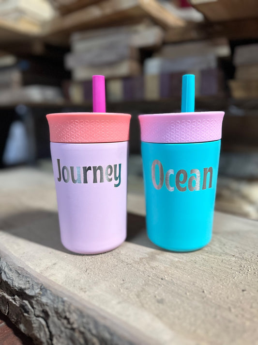 12OZ KIDS STAINLESS STEEL CUP WITH STRAW - PERSONALIZED WITH SIMPLE NAME ENGRAVE