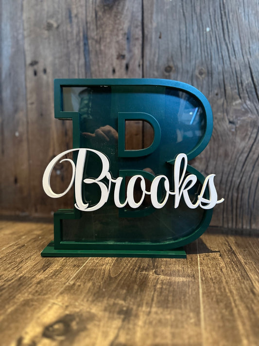 PERSONALIZED LETTER MONEY BANKS: WOODEN INITIAL COIN BANK WITH NAME 10” Tall