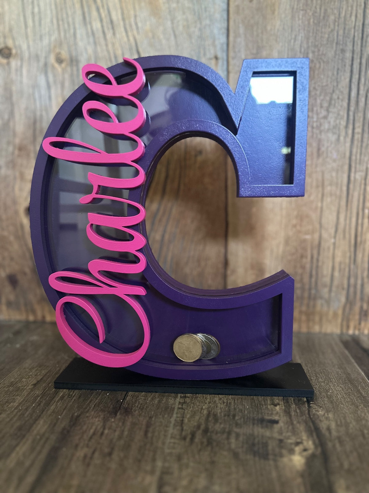 PERSONALIZED LETTER MONEY BANKS: WOODEN INITIAL COIN BANK WITH NAME 10” Tall