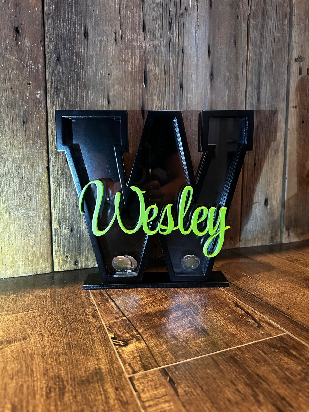 PERSONALIZED LETTER MONEY BANKS: WOODEN INITIAL COIN BANK WITH NAME 10” Tall